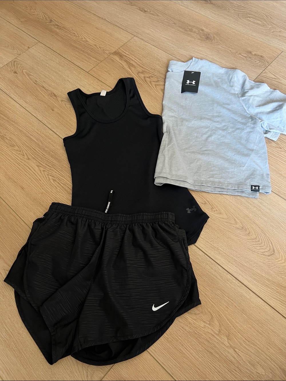 Under Armour Black Tank & Gray Tee with Black Nike Shorts